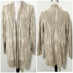 Chicos Women’s Large Open Cardigan Mid Sweater Gold Beige Shimmer Glitter EUC